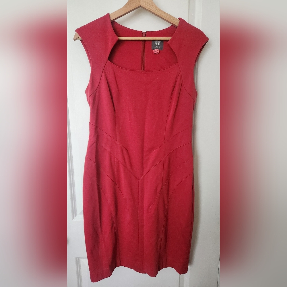 Vince Camuto Womens Midi Dress Fit and Flare Sleeveless Coral Red Stretchy Sz 10